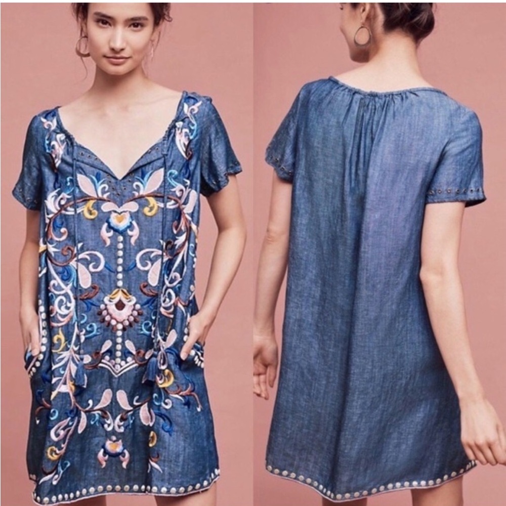 HOLDING HORSES Blue Floral Embroidered Mini Dress from Anthropologie